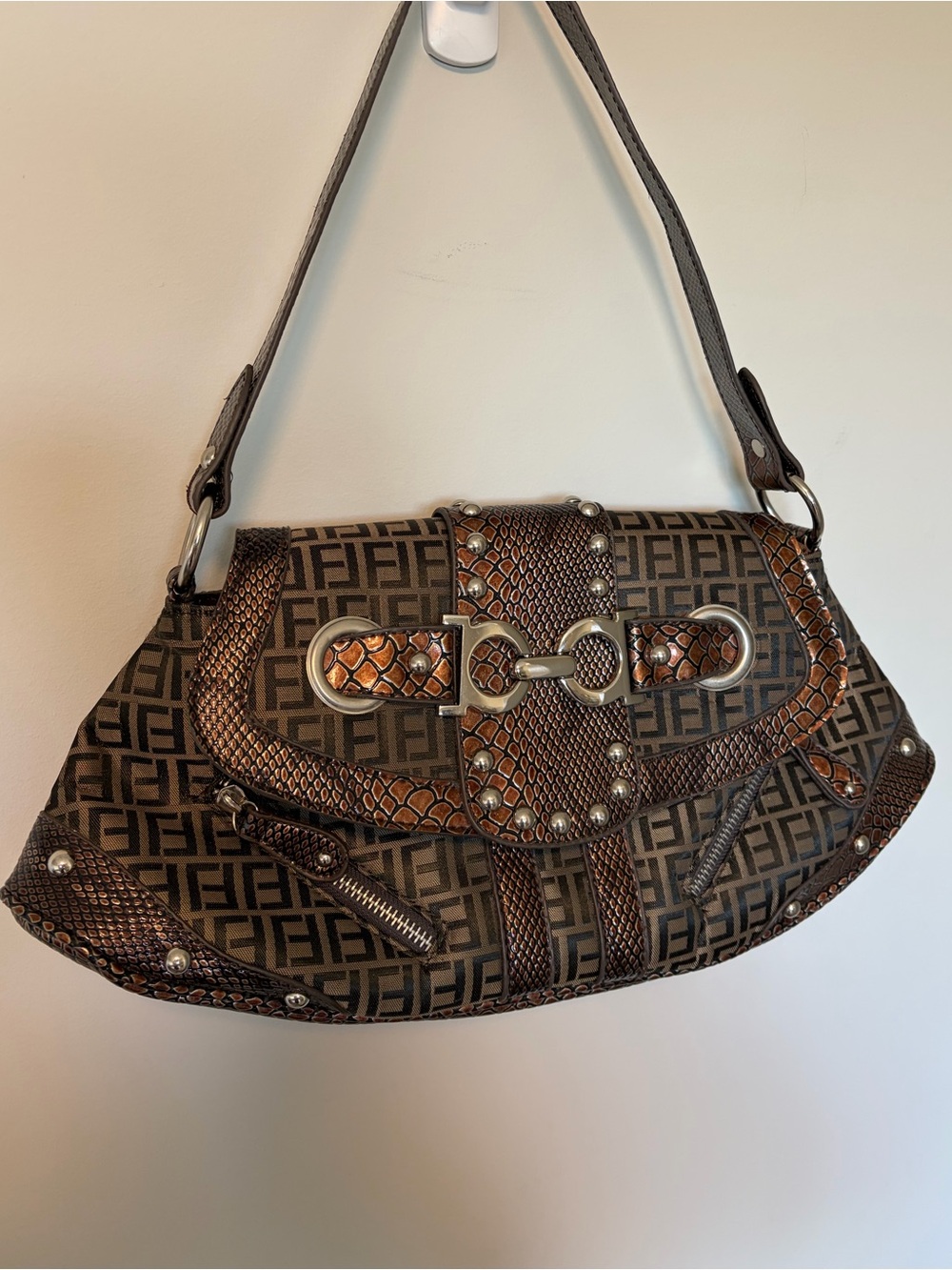 Y2K Fiorelli Snakeskin Print Monogram Women's Studded Vintage Shoulder Bag Purse